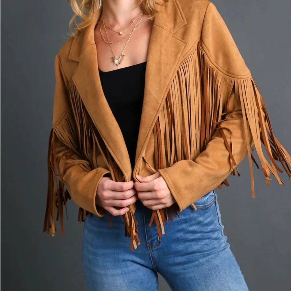 Yoeasy Fringe Tan Faux Suede Crop Jacket Lined Size Small Casual Western